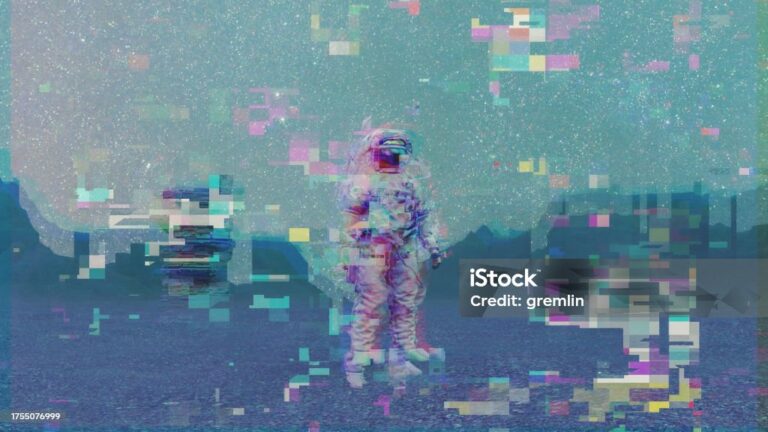 Abstract glitchy astronaut walking on Moon surface. 3D generated image.